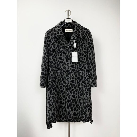 Saint Laurent Grey & Black Leopard Print Wool-Blend Belted Coat